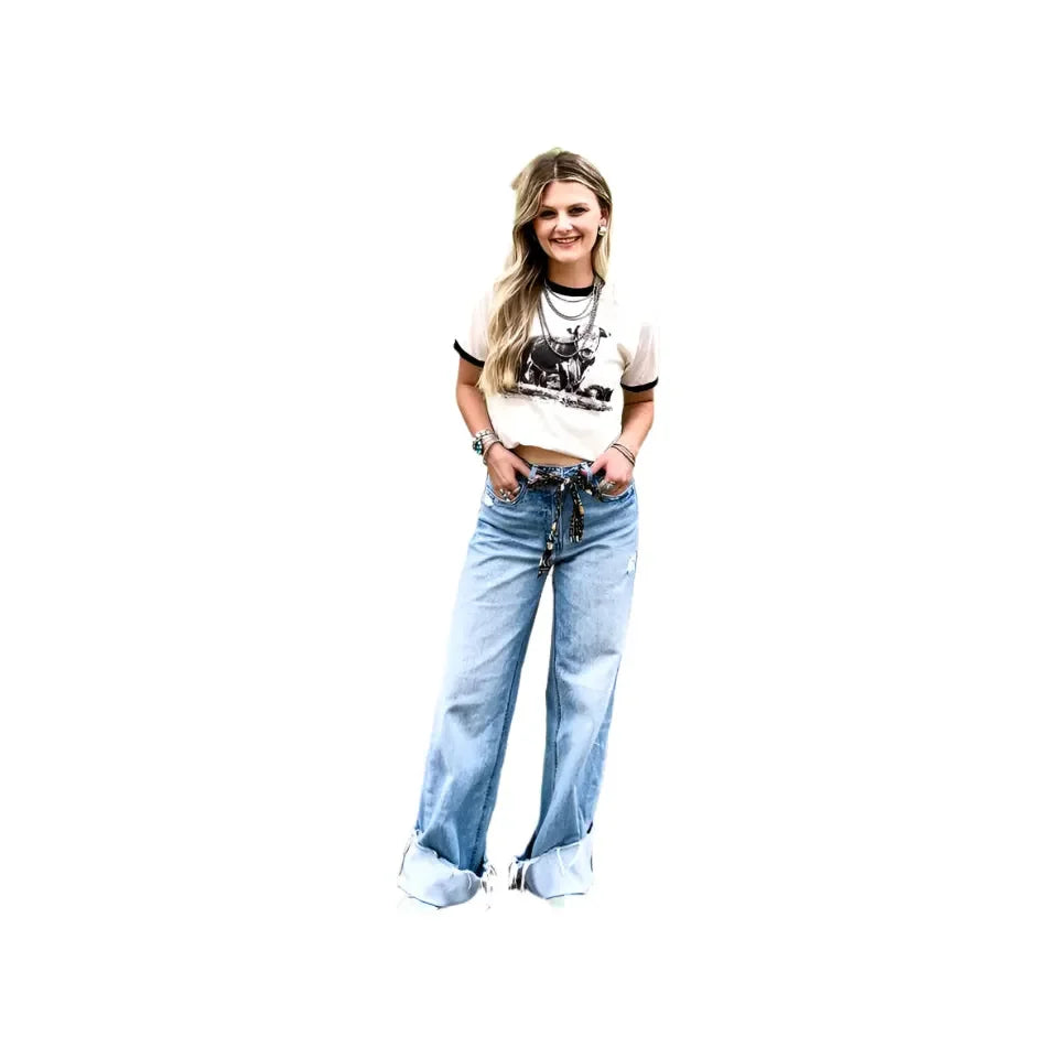 Women's White and Black "The Horned Bull Ringer Tee" - Crazy House Western Wear