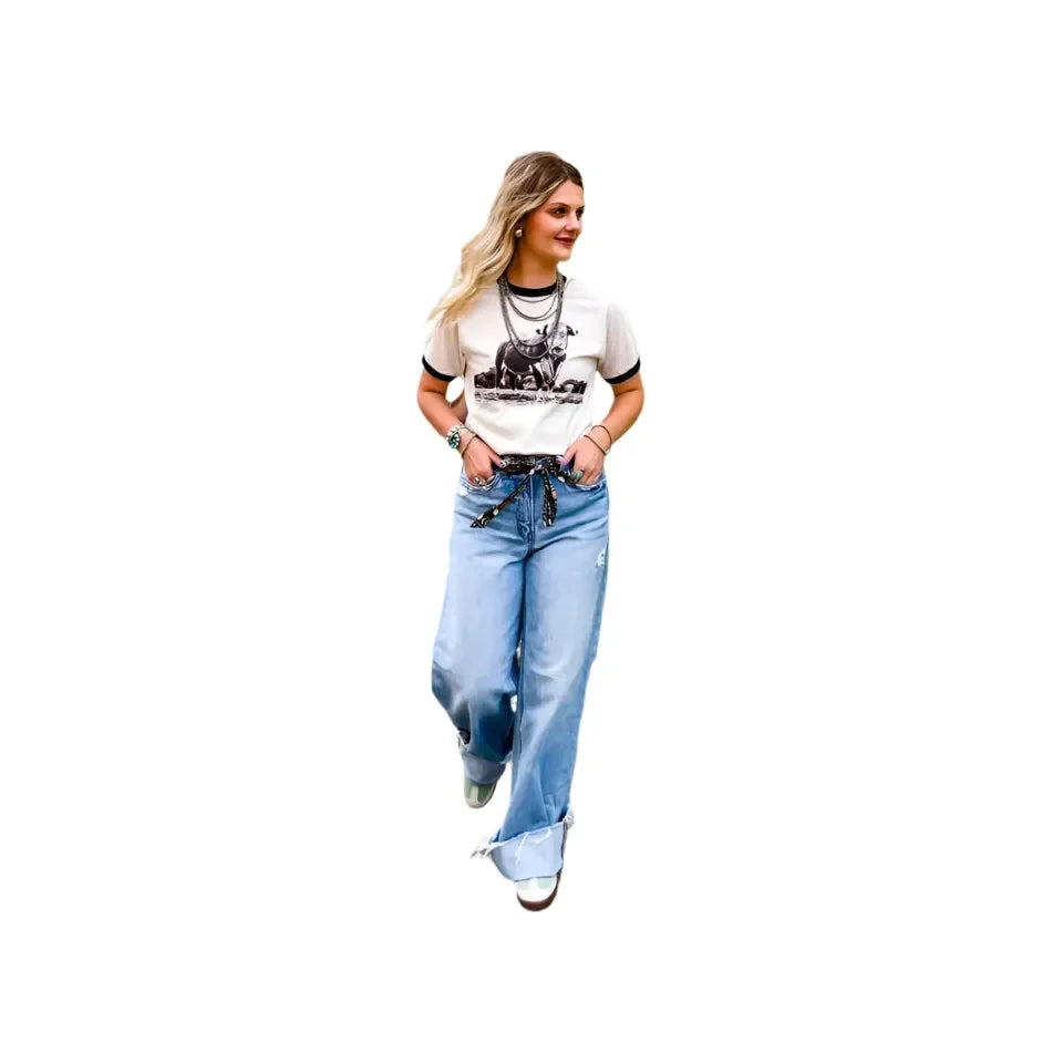 Women's White and Black "The Horned Bull Ringer Tee" - Crazy House Western Wear