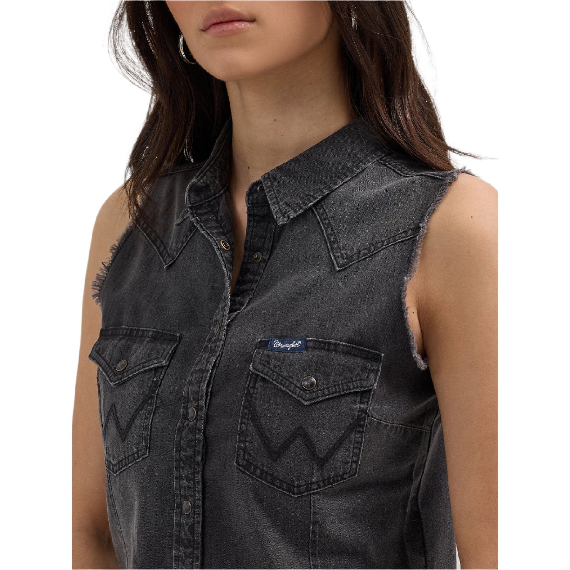 Women's Wrangler Frayed Denim Crop Western Snap Tank 112362281 - Crazy House Western Wear