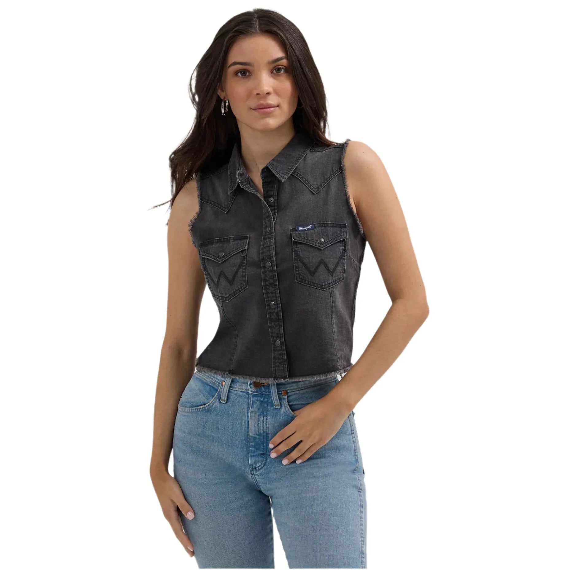 Women's Wrangler Frayed Denim Crop Western Snap Tank 112362281 - Crazy House Western Wear