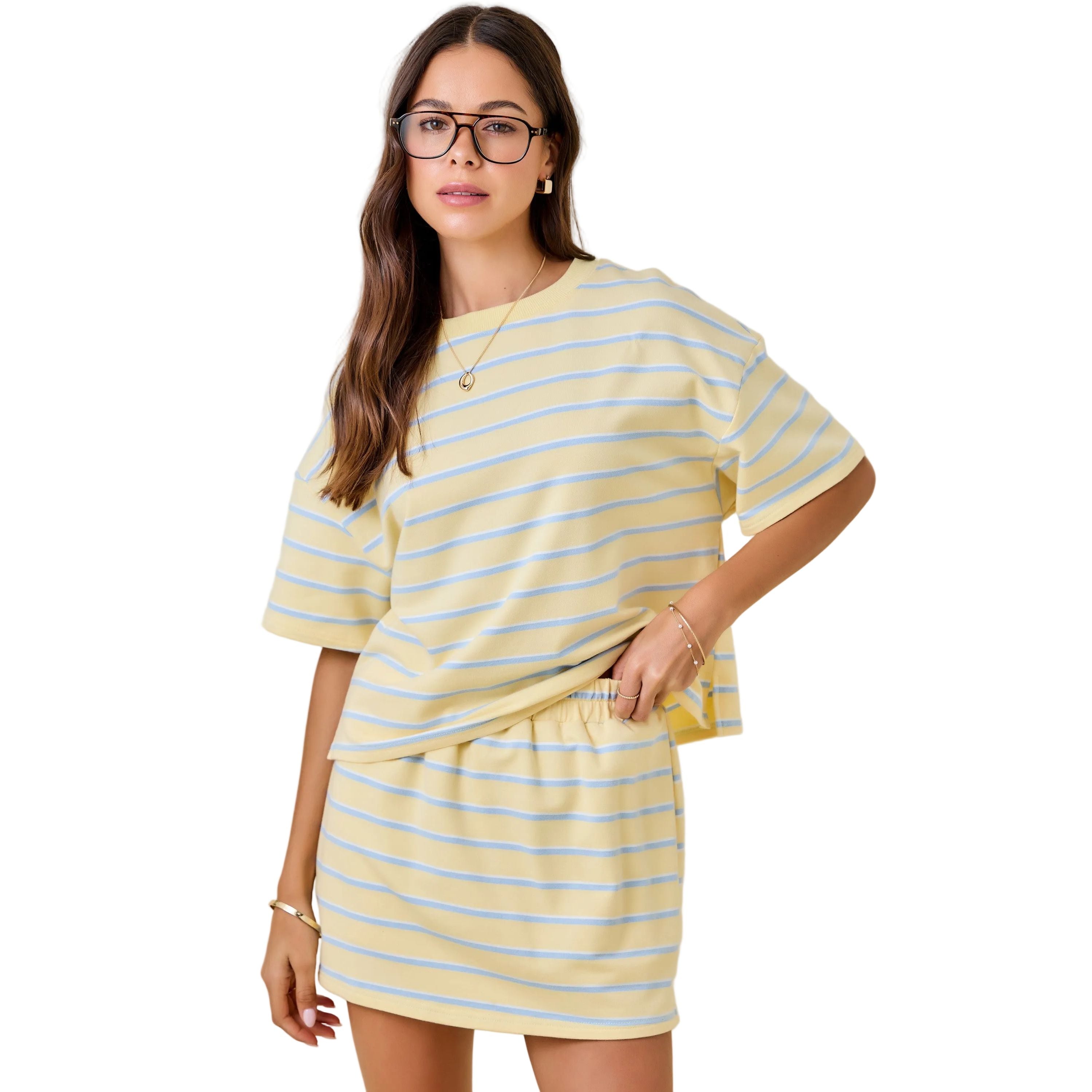 Women's Yellow and Baby Blue Striped Boxy Drop Shoulder Lounge Sweatshirt Top A4291-4
