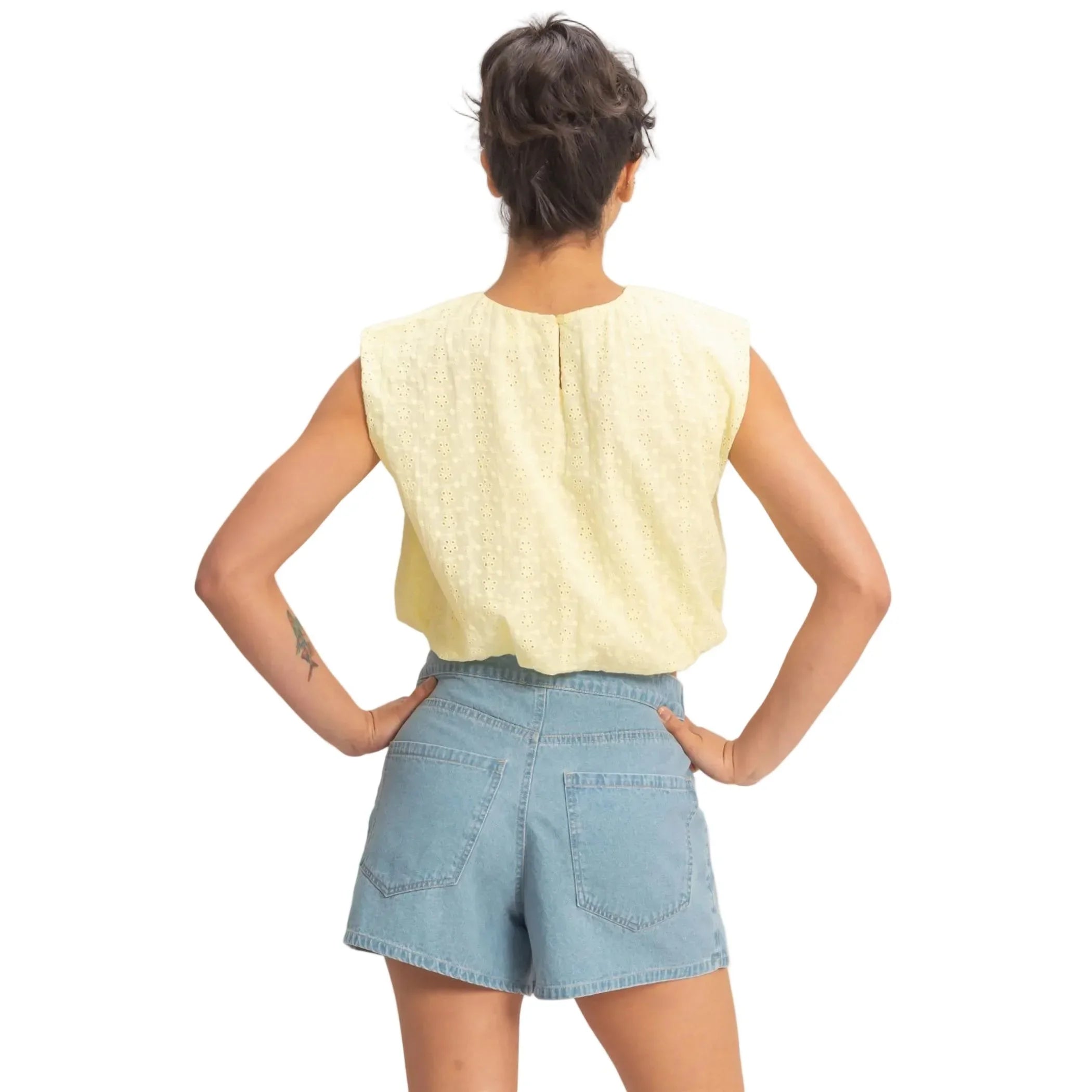Women's Yellow Bubble Hem Cotton Eyelet Sleeveless Top DZ26C114