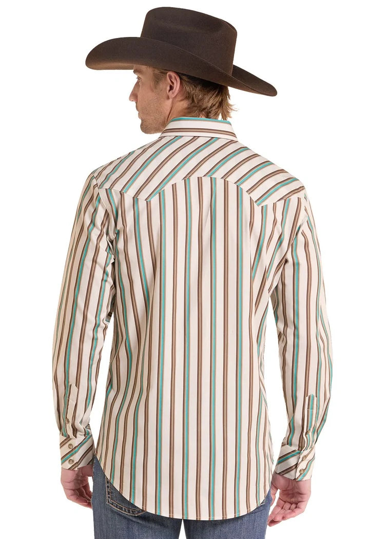 Rock and Roll Men's Teal Striped Long Sleeve Snap Shirt BMN2S10109