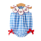 Girl's Infant 4th of July Plaid Romper with Bow Embroidery and Petal Collar RPG60510