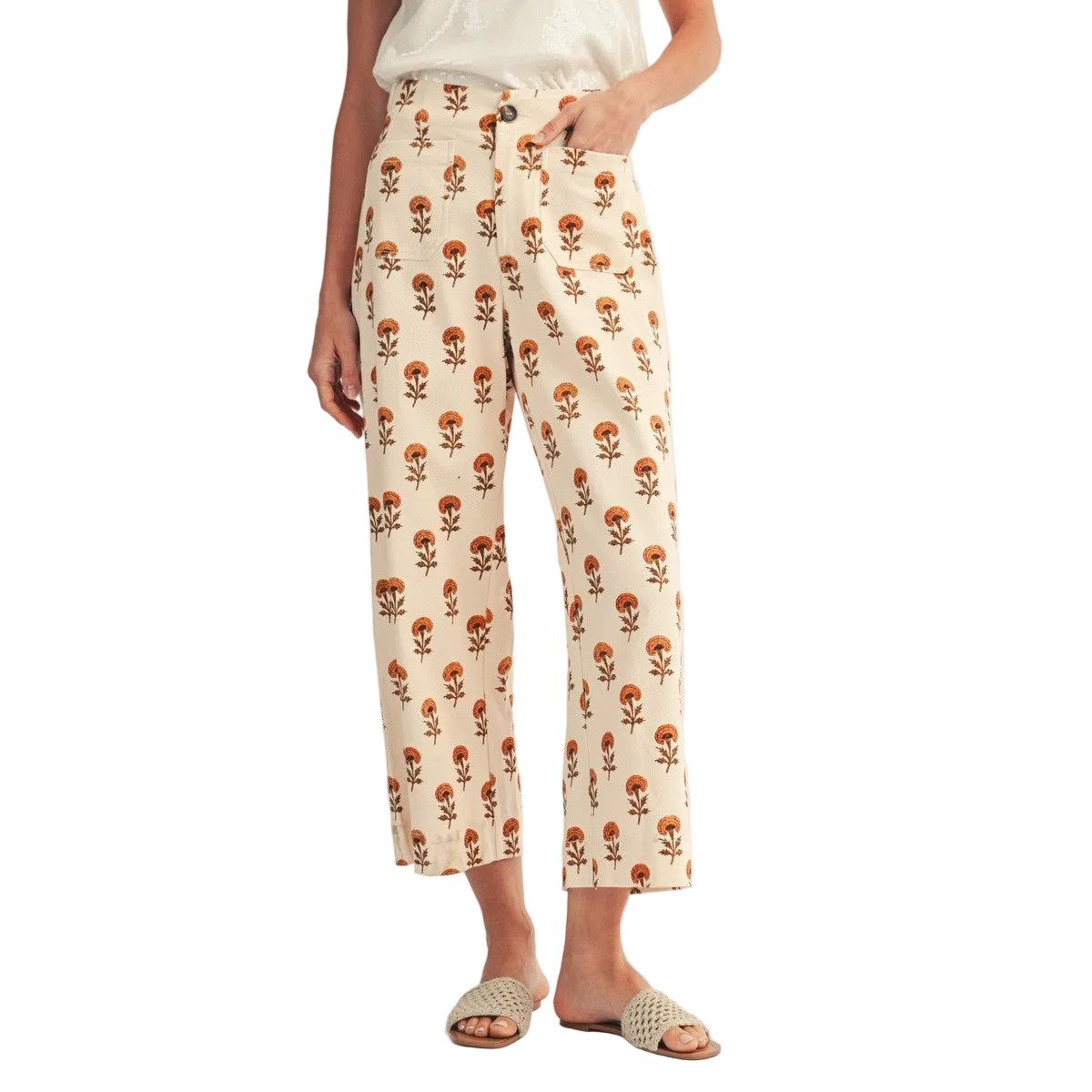 Women's Cream Wide Leg Boho Floral Casual Pants H41163-10