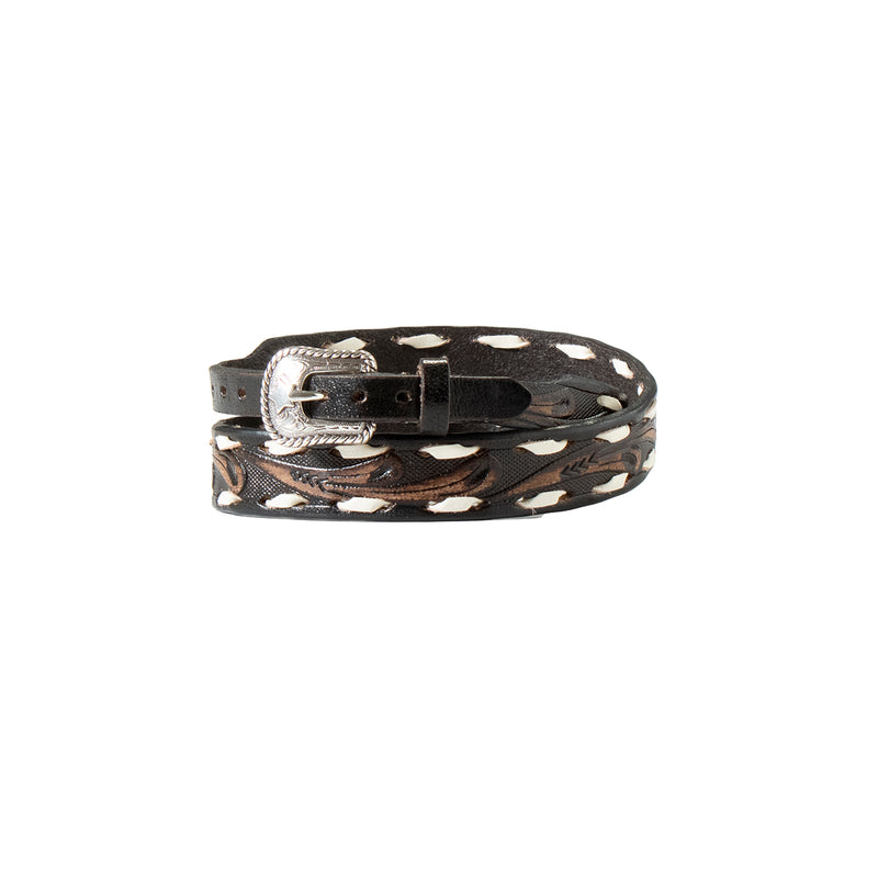 Black Tooled Leather Hatband with Thick White Stitching 