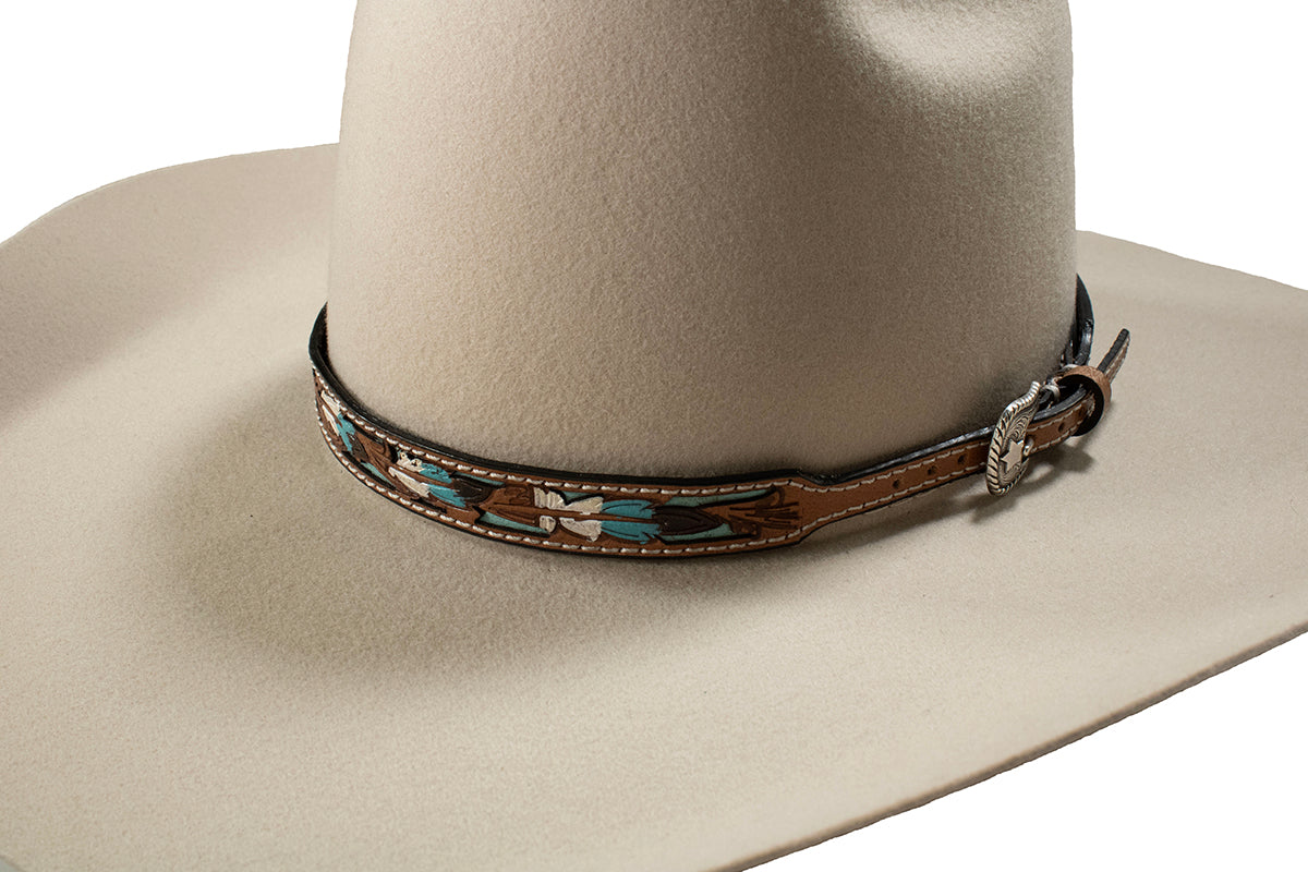 Brown and Blue Hand Painted Leather Hatband 