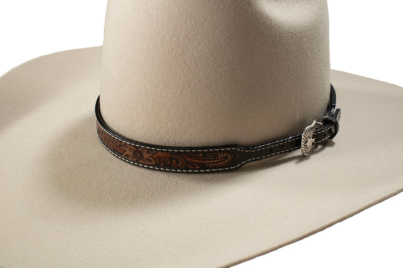 Brown Floral Tooled Leather Hatband with Silver Buckle 