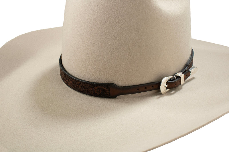 Dark Brown Tooled Leather Hatband with Silver Buckle 