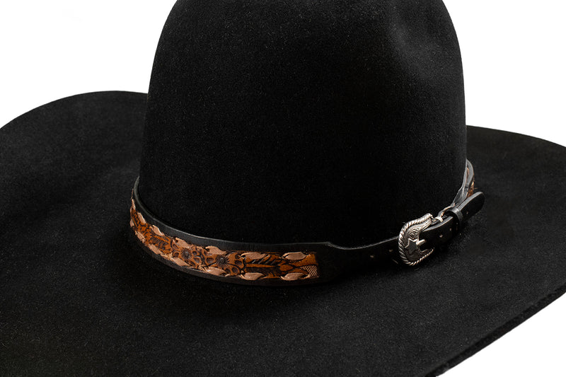 Brown and Black Leather Hat Band with Silver Buckle 
