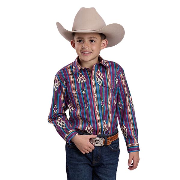Boy's Roper Long Sleeve Snap Printed Vertical Design Shirt 03-030-0485-0100