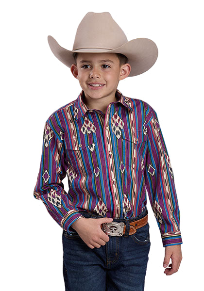 Boy's Roper Long Sleeve Snap Printed Vertical Design Shirt 03-030-0485-0100