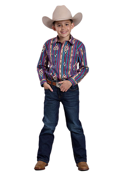 Boy's Roper Long Sleeve Snap Printed Vertical Design Shirt 03-030-0485-0100