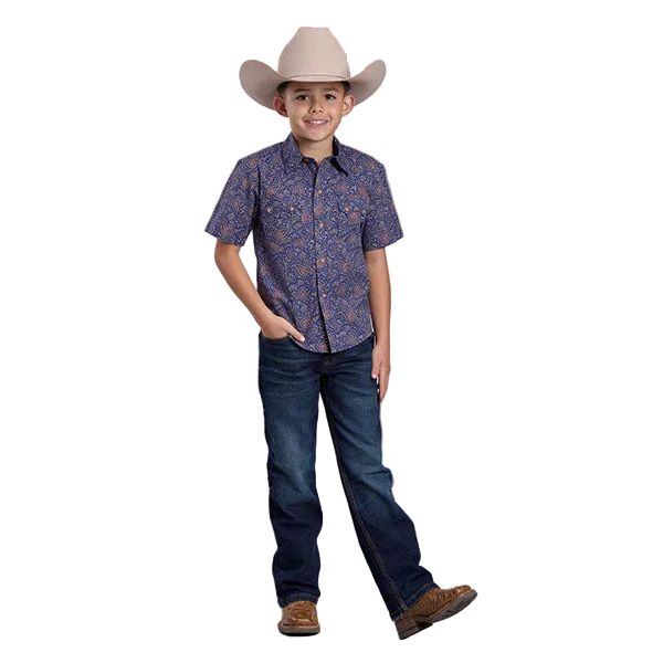 Boy's Roper Short Sleeve Blue Allover Printed Snap Shirt 03-031-0064-0328