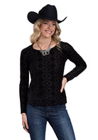 Women's Roper Long Sleeve Printed Knit Black on Black Mesh "Velour" Top 03-038-0514-1009