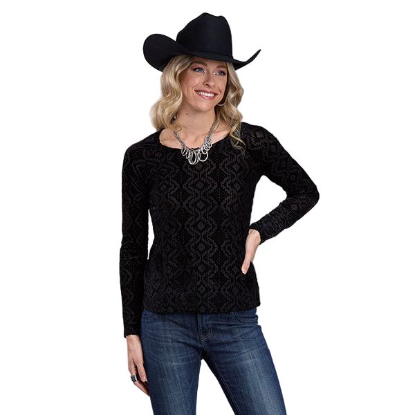 Women's Roper Long Sleeve Printed Knit Black on Black Mesh "Velour" Top 03-038-0514-1009
