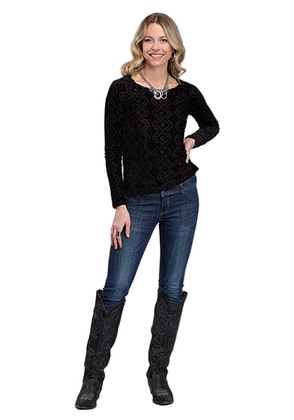 Women's Roper Long Sleeve Printed Knit Black on Black Mesh "Velour" Top 03-038-0514-1009