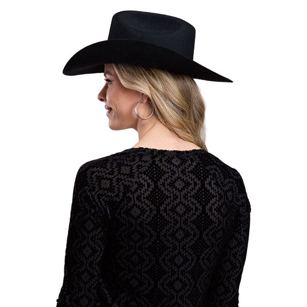 Women's Roper Long Sleeve Printed Knit Black on Black Mesh "Velour" Top 03-038-0514-1009