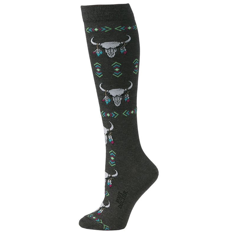 Women's Boot Doctor Over the Calf Gray Bull Skull and Diamond Pattern Socks 0417006