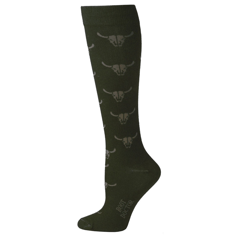 Women's Boot Doctor Brown Over The Calf Bull Skull Pattern Socks 0417802