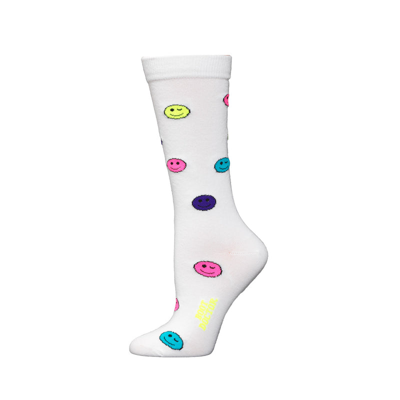 Women's Boot Doctor White Crew Socks with Multicolor Smiley Faces 0421505
