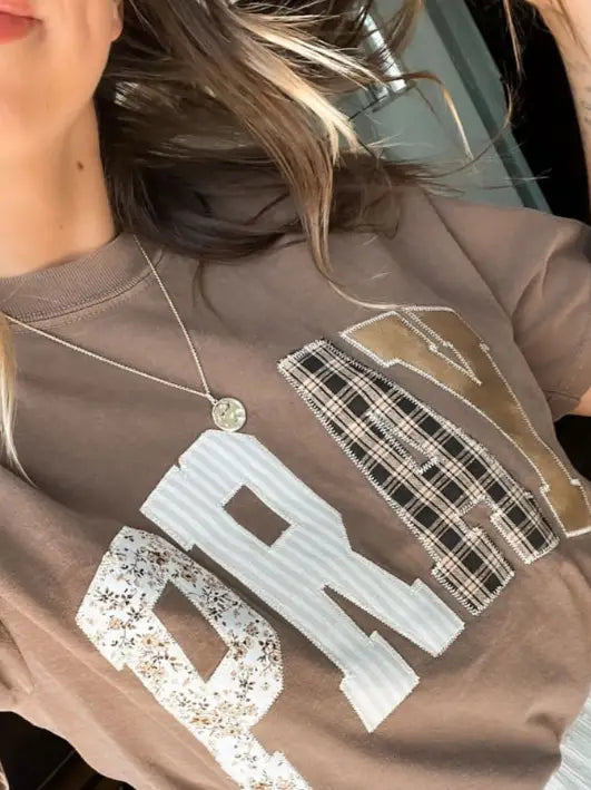 Women's Short Sleeve Brown Pray Patchwork T-shirt 