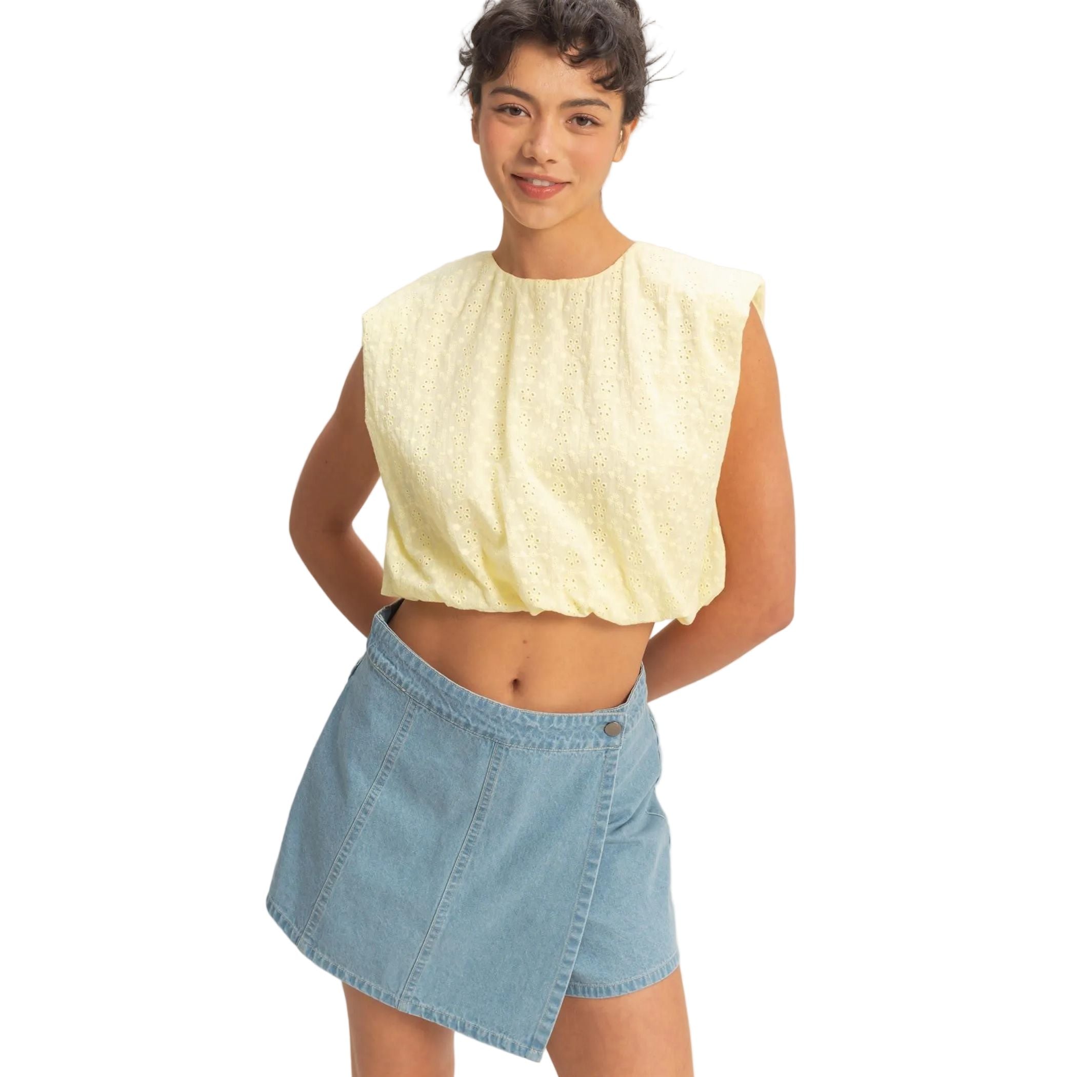 Women's Yellow Bubble Hem Cotton Eyelet Sleeveless Top DZ26C114