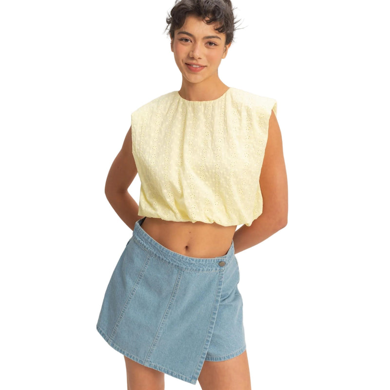 Women's Yellow Bubble Hem Cotton Eyelet Sleeveless Top DZ26C114