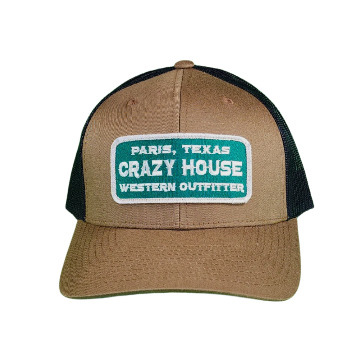 Brown Snapback with Green Billboard Patch - Crazy House Western Wear