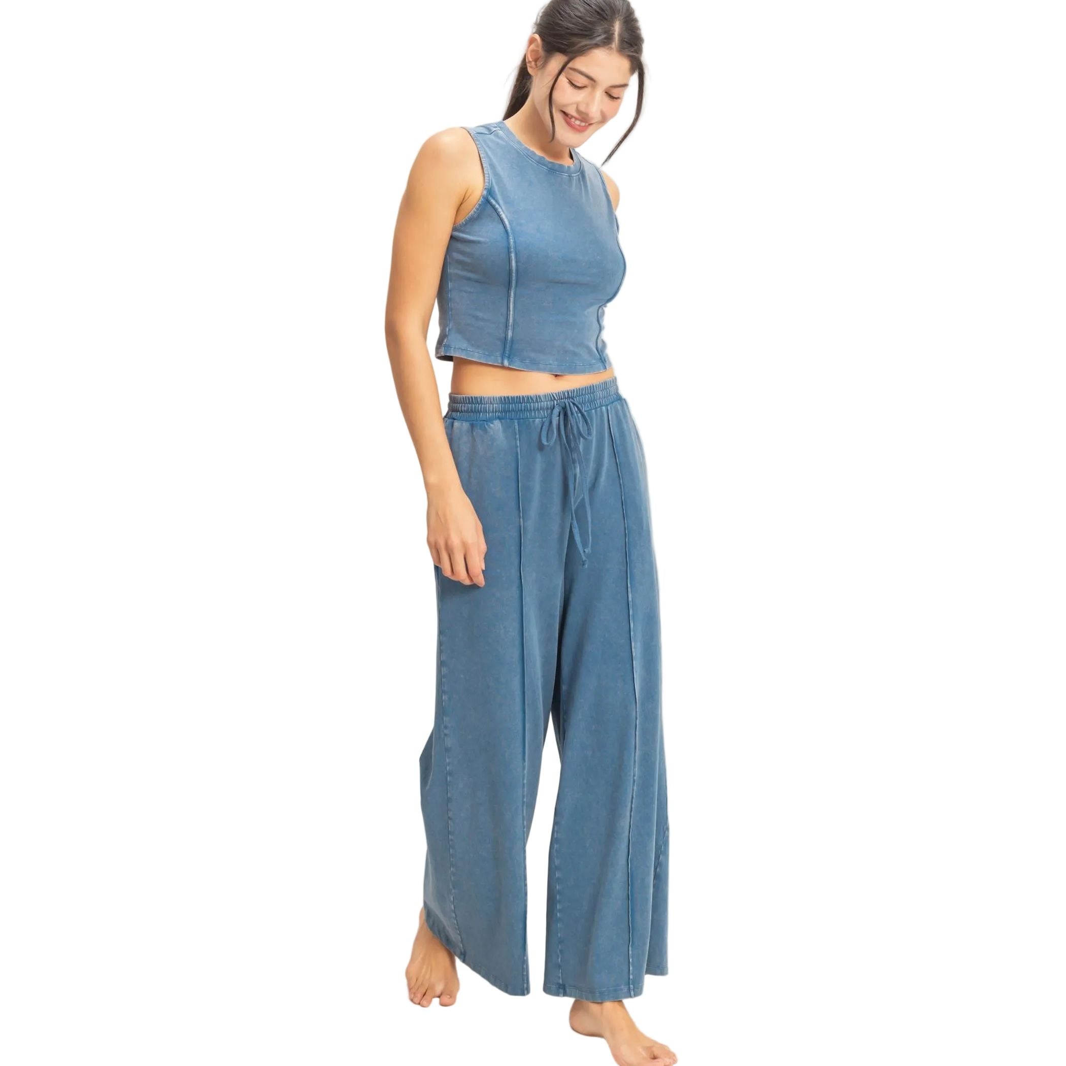 Women's Navy Mineral Washed Sleeveless Top & Wide Leg Pants Set DZ26A371-SET