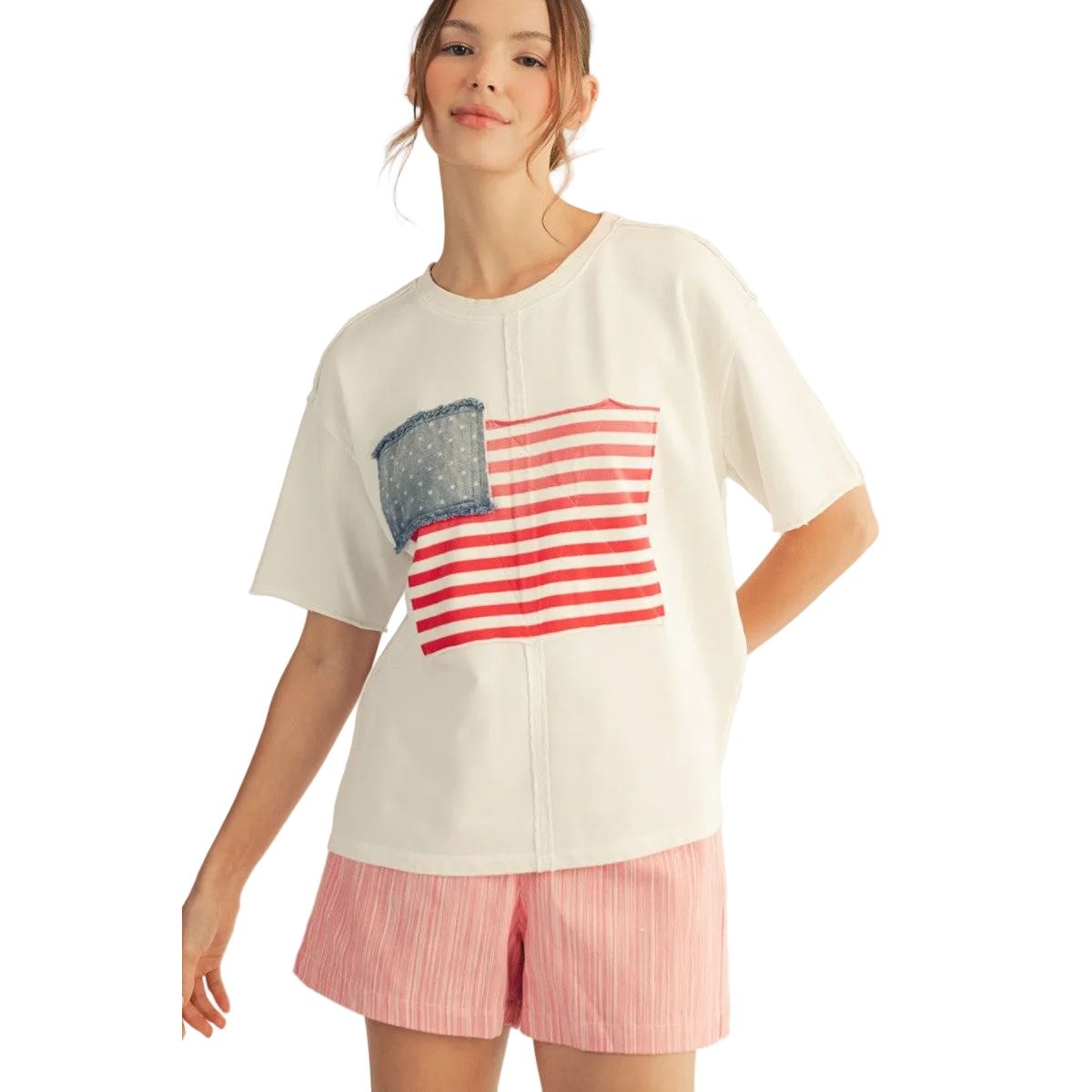 Women's American Flag Patched Casual Wash Top R7154