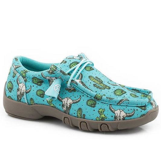 Girl's Roper Driving Moc Lace Up Blue Cactus and Skull Canvas 09-018-1791-2968 BU