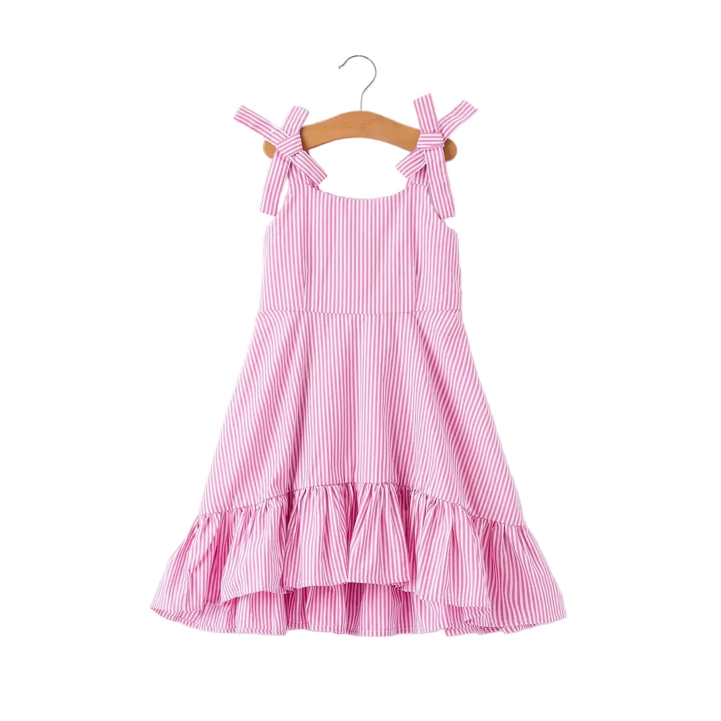 Girl's Youth Pink Striped Ruffle Bow Dress