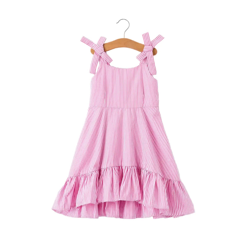 Girl's Youth Pink Striped Ruffle Bow Dress