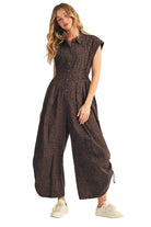 Jodifl Women's Mocha Drawstring Hemline Accent Wide Leg Leopard Jumpsuit 