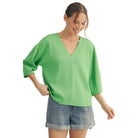 Women's Jodifl Apple Green Soft Textured V Neck Solid Top G15341-AG