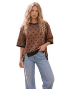 Women's Mocha Polka Dot Oversized Contrast Top 