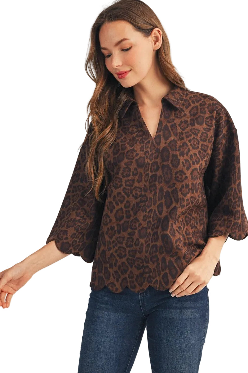 Jodifl Women's Leopard Scallop Edge Detail Leopard Suede Top 
