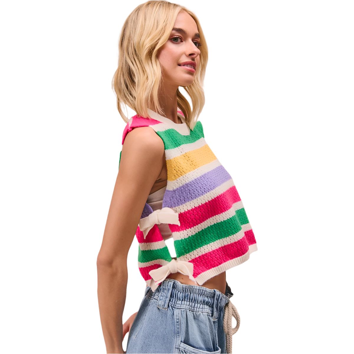 Women's Color Block Stripes Side Tied Sweater Vest IT3515-11