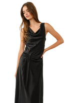 Women's Black Satin Cowl Neck Knot Detail Maxi Dress