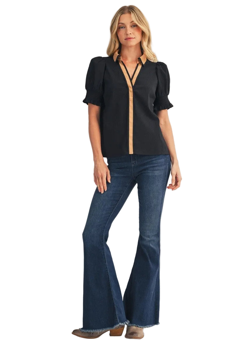 Jodifl Women's Black Contrast Accent Crinkled Solid Top 