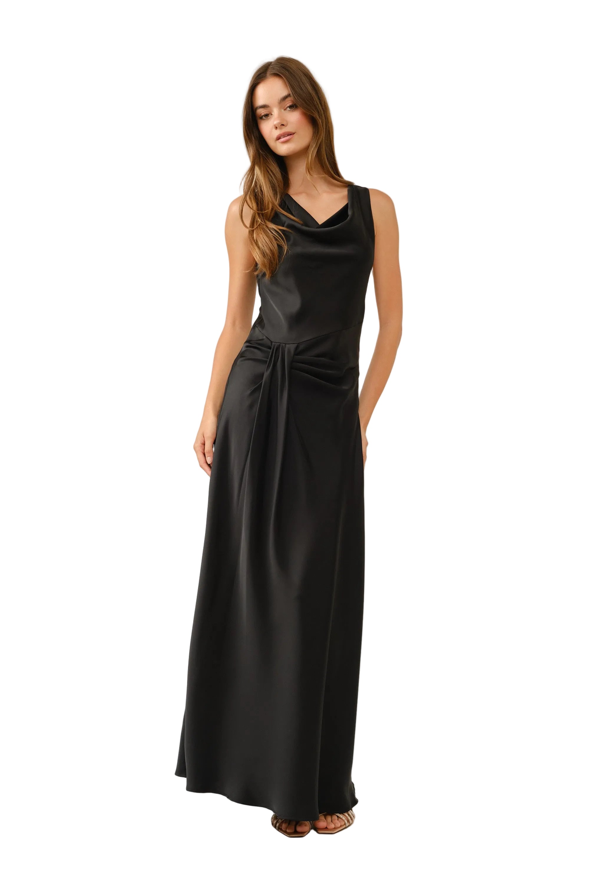 Women's Black Satin Cowl Neck Knot Detail Maxi Dress