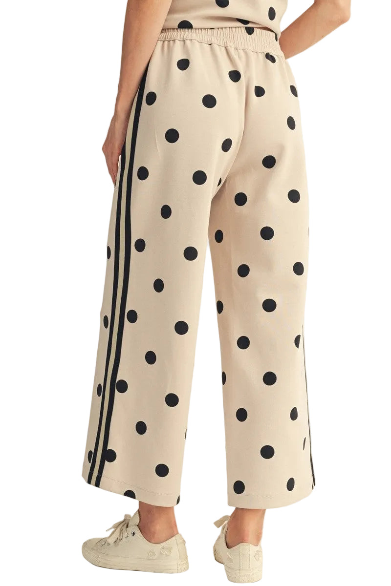 Jodifl Women's Oatmeal Color RIb Band Accent Polka Dot Casual Pants 