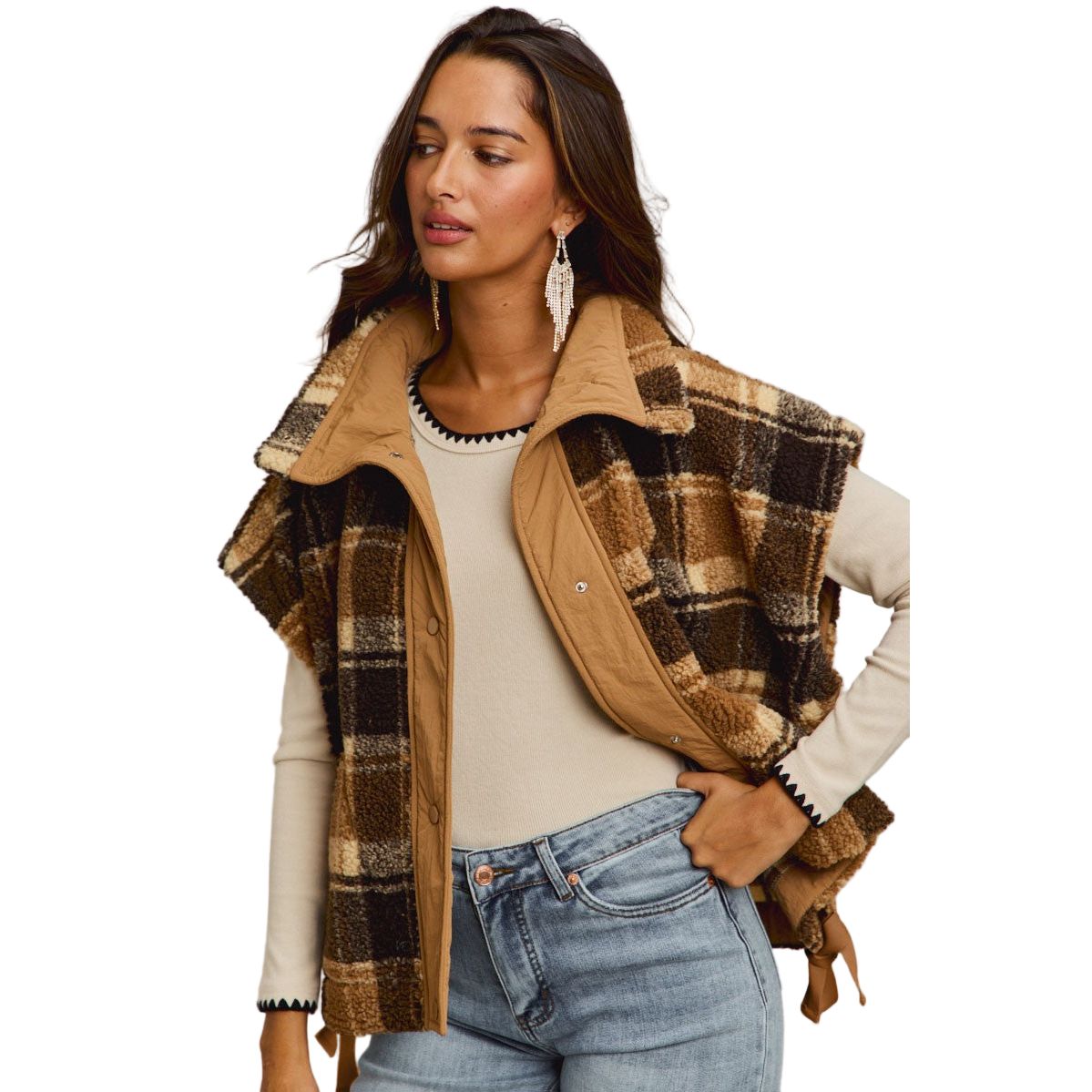 Women's Oversized Sherpa Fleece Checker Vest Jacket ST2049F