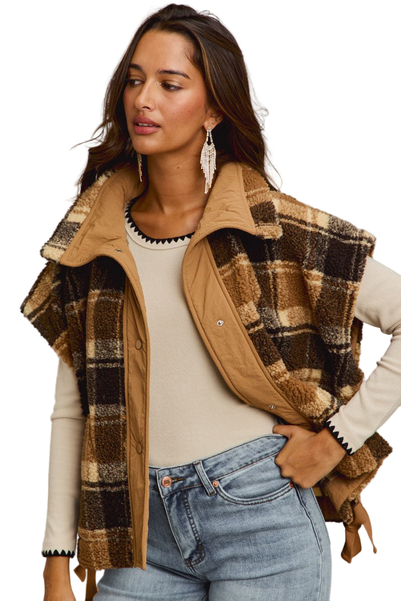 Women's Oversized Sherpa Fleece Checker Vest Jacket ST2049F