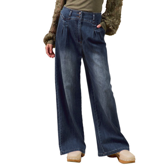 Women's High Waist Pleated Wide Leg Denim Jeans SB8562F-01