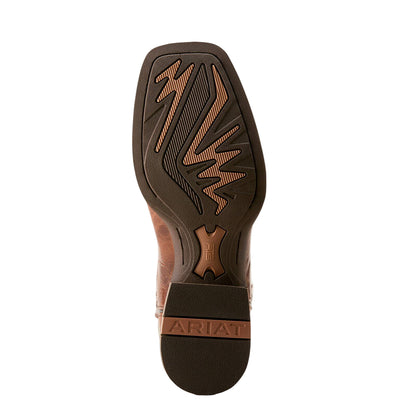 Close-up of a brown boot sole with Ariat branding on a beige background