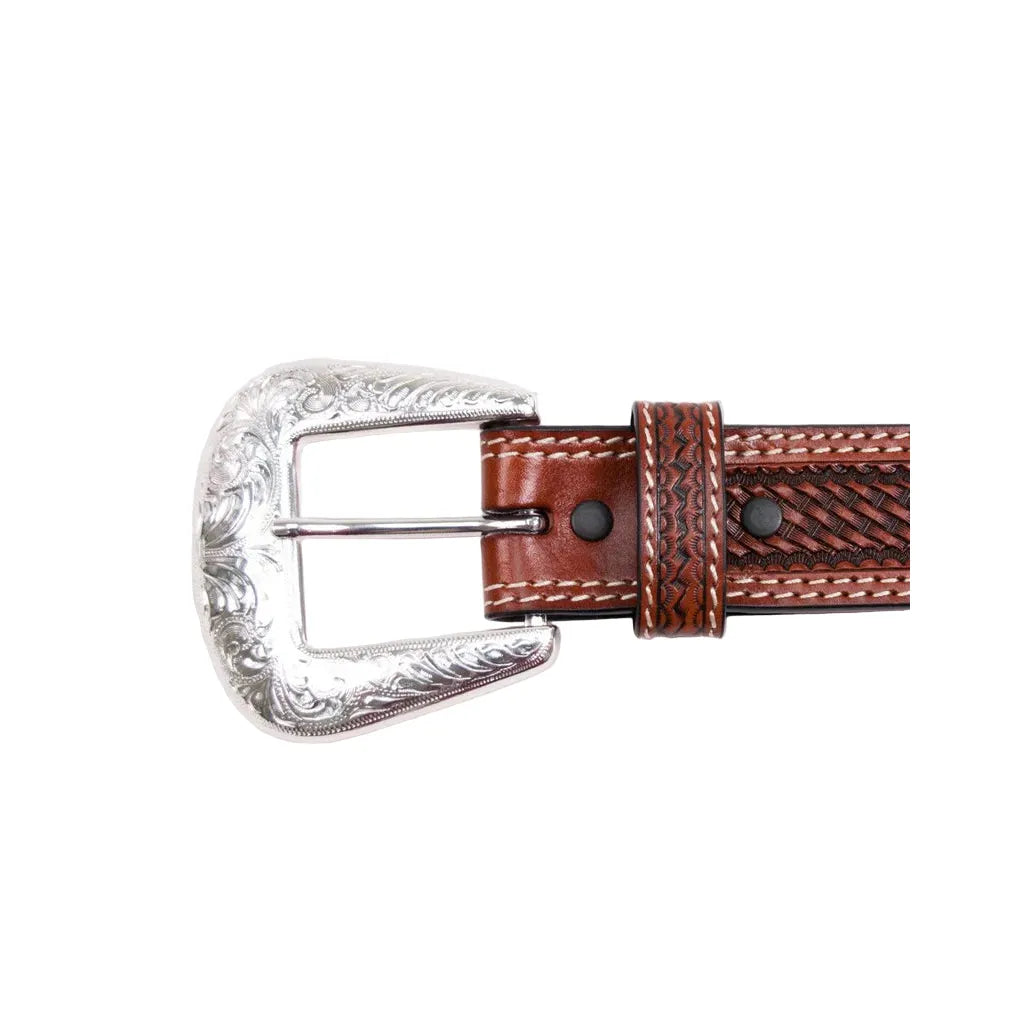 Men's Cowboy Chrome Brown Belt with Basket Tooling 1006