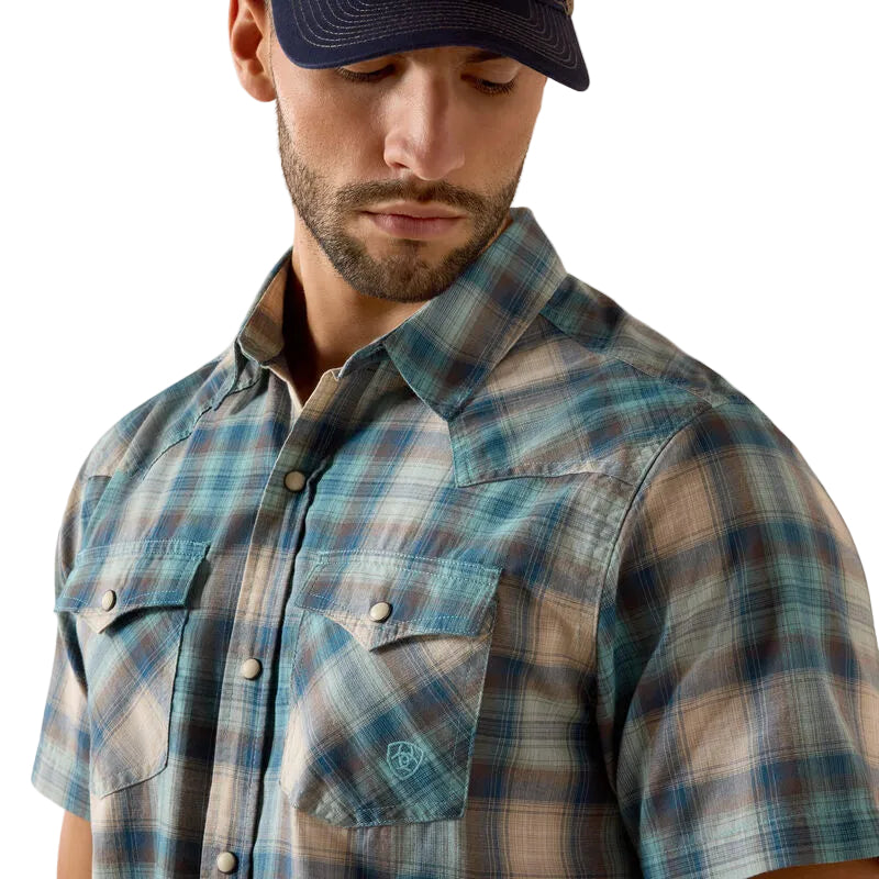 Men's Ariat Teal Plaid Retro Halden Fitted Snap Shirt 10071738
