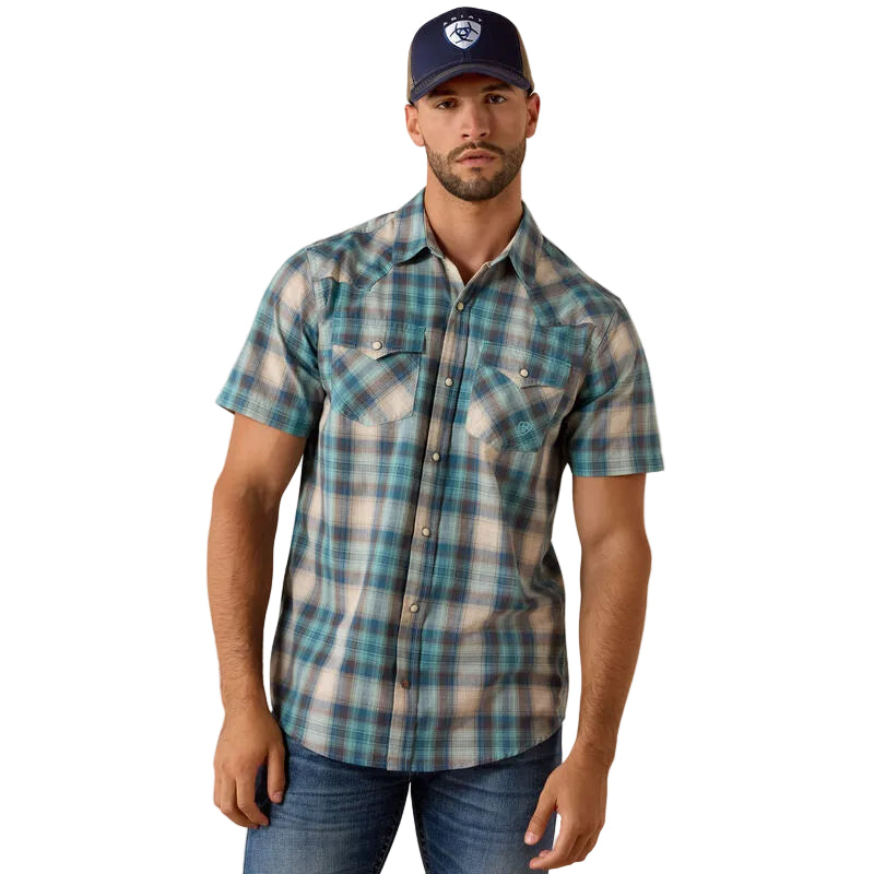 Men's Ariat Teal Plaid Retro Halden Fitted Snap Shirt 10071738